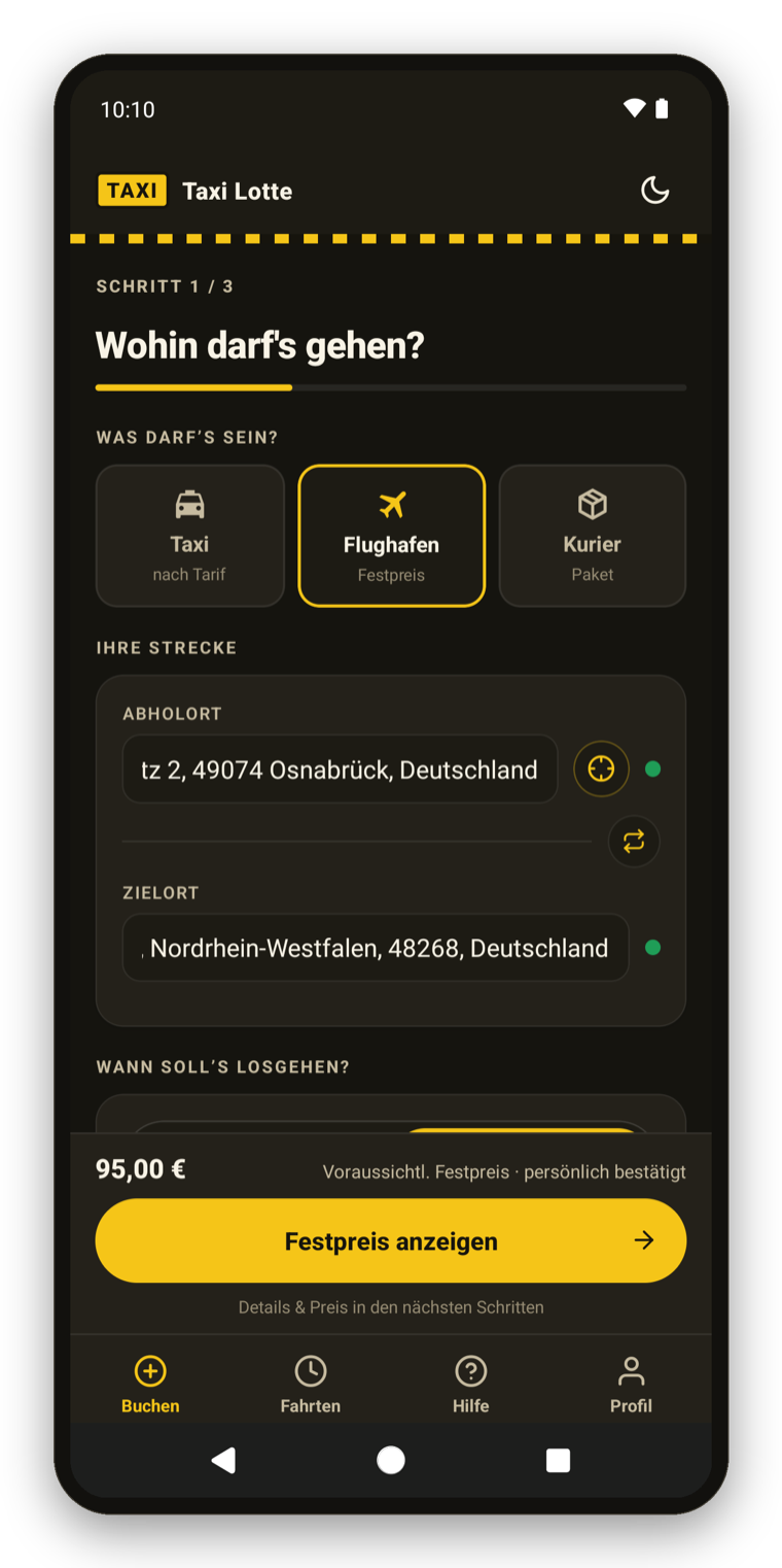 Taxi Lotte App – Flughafentransfer zum garantierten Festpreis buchen