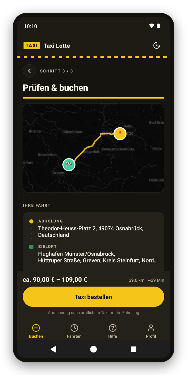 Taxi Lotte App – Route mit Abhol- und Zielort auf der Karte prüfen