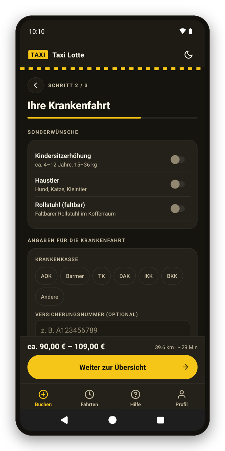 Taxi Lotte App – Krankenfahrt mit Verordnung buchen