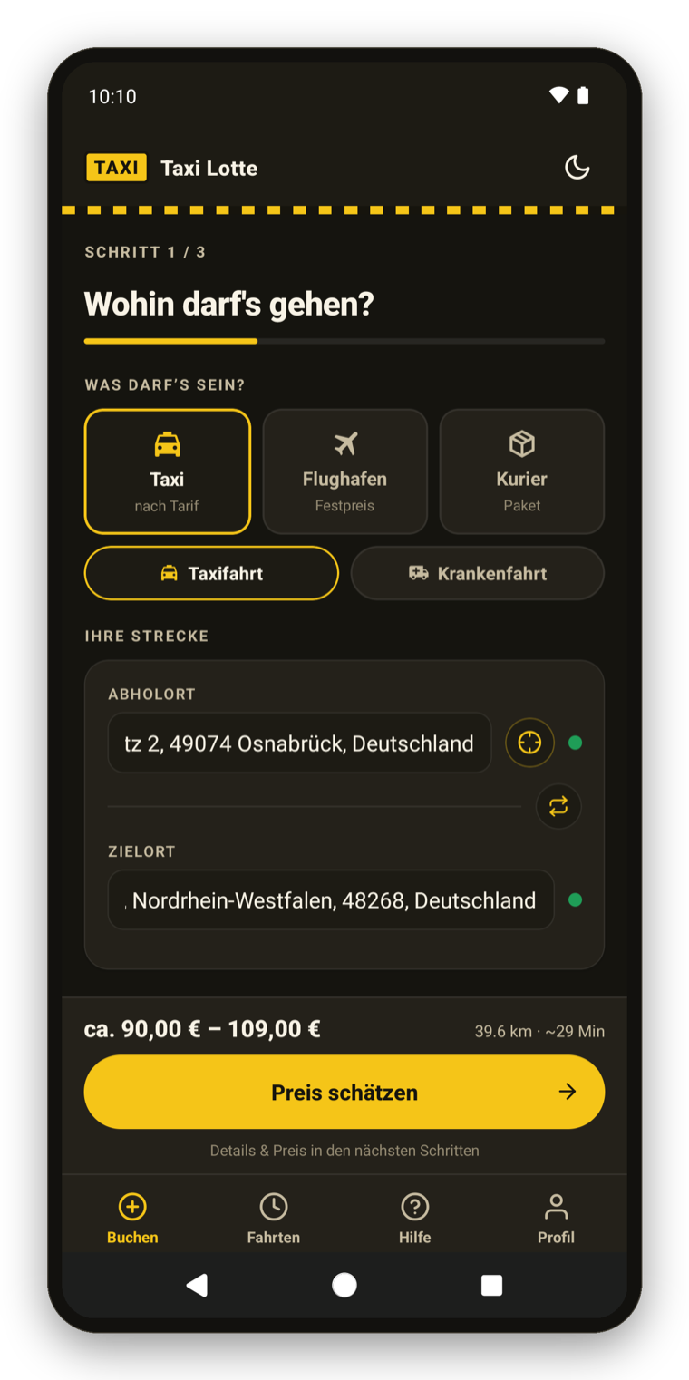 Taxi Lotte App – Strecke wählen: Taxi nach Tarif, Flughafen zum Festpreis oder Kurier, mit Live-Preis-Schätzung